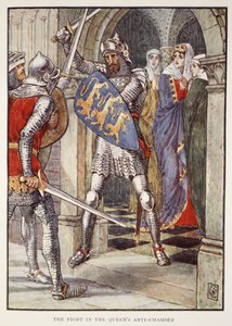 Kampen i drottningens förkammare, från "Stories of the Knights of the Round Table" av Henry Gilbert, första upplagan, 1911 av Walter Crane