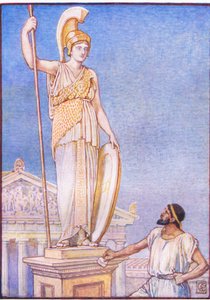 Gudinnans figur var kolossal, illustration från The Story of Greece, 1930-talet av Walter Crane