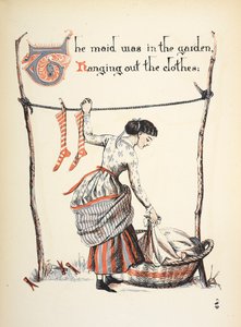 Pigan var i trädgården och hängde ut kläderna. av Walter Crane