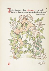 Två figurer som kysser klädda som rosor av Walter Crane