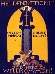 Tyska WWI-affischhjältar från fronten, hemlandet hälsar dig! Välkommen pub. 1915 (färglitografi)