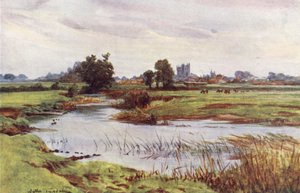 Wessex: The Stour, Wimborne Minster i fjärran (färglitografi) av Walter Frederick Roofe Tyndale