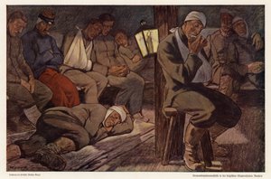 Sårade soldater vid röjningsstationen i Roulers, Belgien, första världskriget (färg litho) av Walter Georgi