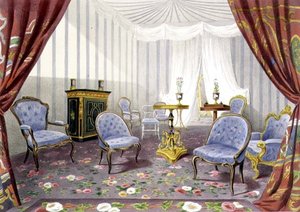 Crystal Palace, drottningens pensioneringsrum, från Recollections of the Great Exhibition (lito i färg)