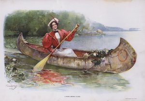 En ros bland liljor: kvinna som samlar näckrosor från en kanot (färg litho)