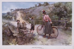 Rådgivande myndigheter: kvinna ute på cykeltur och frågar en grupp barn om vägbeskrivning (färg litho) av Walter Granville-Smith