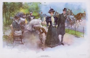 Påskmorgon: kvinna promenerar med sin hund (färg litho) av Walter Granville-Smith