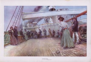 I Mid-Ocean: passagerare som njuter av en omgång shuffleboard ombord på ett fartyg (färg litho)