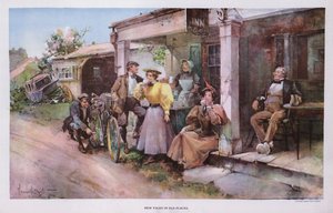 Nya ansikten på gamla platser: en grupp cyklister som tar förfriskningar på ett värdshus vid vägkanten (färg litho) av Walter Granville-Smith