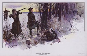 Woman Fair and Turkeys Wild: jaga vilda kalkoner (färg litho)