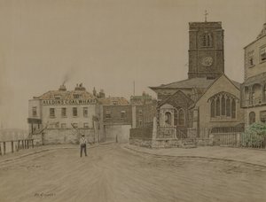 Alldins Coal Wharf och Chelsea Old Church, London (penna och tvätt på papper)