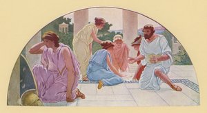 Akilles förklädd till skolflicka upptäckt av Odysseus (färglitografi)