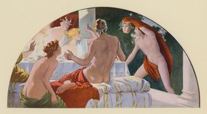 Perseus konfronterar Polydectes med gorgonen Medusas huvud (färglitografi)