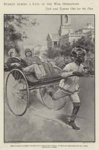 Brittisk sjöman och soldat tar en tur i en rickshaw genom Durbans gator under en paus i striderna i boerkriget (litho) av Walter Paget