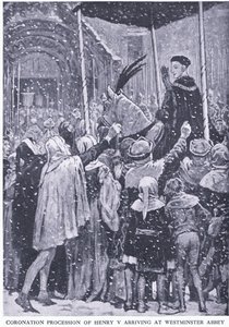 Henrik V:s kröningsprocession som anländer till Westminster Abbey 1413, från Cassells History of the British People utgiven av Waverley Book Company Limited, ca 1940. av Walter Paget