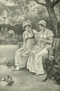 Jane Austen, syr, med sin syster Cassandra i prästgårdsträdgården (litho) av Walter Paget