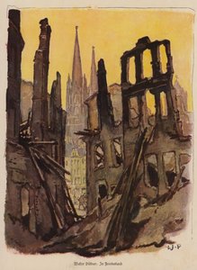 Förstörd stad, första världskriget (färglitografi) av Walter Puttner