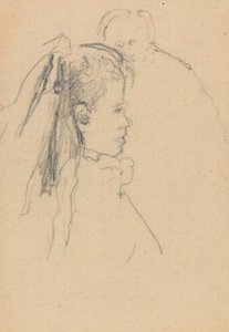Huvud och byst av en flicka i profil till höger, huvud av en man, helt framifrån och bakåt (grafit på papper) av Walter Richard Sickert