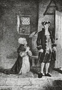 Elspeth och Lord Glenallan, illustration för Antiquary, historisk roman av Walter Scott (1771-1832), gravyr av Walter Scott