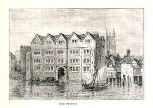 Kall hamn. Medieval Mansion House North Bank of Thames ovanför London Bridge, 1894