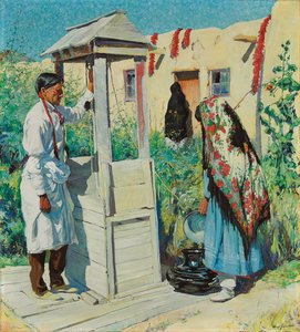 A Pueblo Well Scene (olja på duk) av Walter Ufer