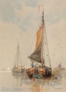 Holländska båtar på Maas (färglitografi) av Walter William May