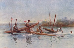 Nya Zeeland: Canoe Hurdle Race (färglitografi)