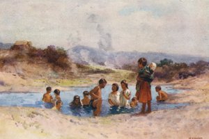 Nya Zeeland: I en varm pool (färglitografi)