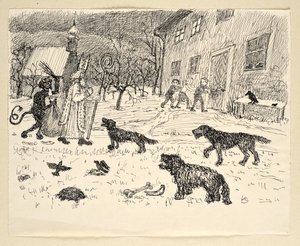 St Nicholas och Krampus på landsbygden med barn av Walther Gamerith