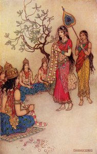 Damatanti Choosing a Man, illustration från "Indian Myth and Legend" av Donald A. Mackenzie, publicerad 1913 av Warwick Goble