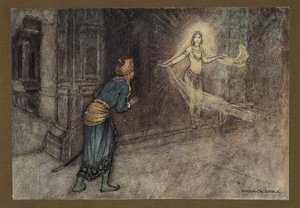 Plåt 13: "Han såg en vacker kvinna komma ut ur palatset", från Folk-Tales of Bengal ... Med 32 illustrationer i färg av Warwick Goble (Edition de luxe.) 1914 (färg litho) av Warwick Goble