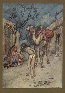 Plåt 16: "Kamelföraren steg av, band kamelen vid trädet på plats och började röka."  Folk-Tales of Bengal ... Med 32 illustrationer i färg av Warwick Goble. (Edition de luxe.).  1914