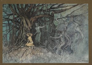 Plåt 19: "I samma ögonblick som det första slaget gavs rusade en hel del spöken mot Brahmanen, från "Folk-Tales of Bengal ... Med 32 illustrationer i färg av Warwick Goble (Edition de luxe.) av Warwick Goble