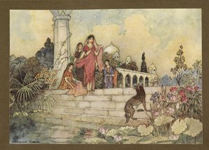 Platt 23: "Schakalen ... öppnade sitt knippe betelblad, stack några i munnen och började tugga dem", från Folk-Tales of Bengal... Med 32 illustrationer i färg av Warwick Goble (Edition de luxe .) av Warwick Goble