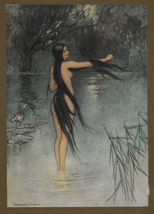Plåt 29: "När hon kom upp ur vattnet, vilken förändring sågs i henne!", från Folk-Tales of Bengal ... Med 32 illustrationer i färg av Warwick Goble (Edition de luxe.). 1914