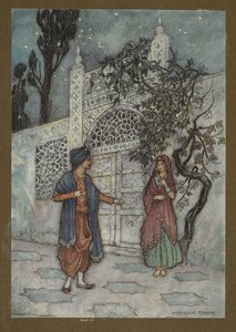 Plåt 2: "Prinsen återupplivades, och när han gick omkring såg han en mänsklig figur nära porten", från Folk-Tales of Bengal... Med 32 illustrationer i färg av Warwick Goble av Warwick Goble