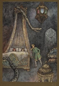 Plåt 3: "Han rusade ut ur sitt gömställe och dödade ormen", från Folk-Tales of Bengal ... Med 32 illustrationer i färg av Warwick Goble. (Edition de luxe) av Warwick Goble