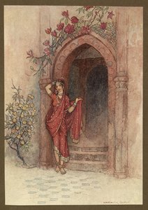Tavla 5: "At the door of which stod a lady of exquisite beauty", från Folk-Tales of Bengal ... Med 32 illustrationer i färg av Warwick Goble. (Edition de luxe) av Warwick Goble