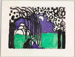 Förslag till färgträsnittet "Två kvinnor i månlandskap" av Wassily Kandinsky