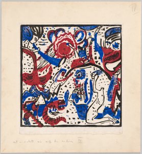 Holzschnitt nach dem Hinterglasbild "Große Auferstehung" (Probedruck mit Anweisungen für Kandinskys Buch "Klänge" (1912), S. 97)