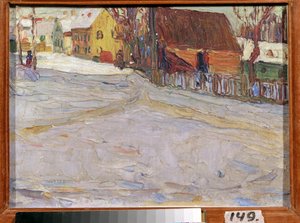 Stadslandskap (stadslandskap). Målning av Vassily Kandinsky (eller Wassily Kandinsky eller Kandinskyj av Wassily Kandinsky