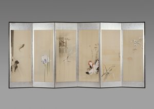 Ett par hopfällbara skärmar: Flowers of the Tolv Months, ca 1900 (bläck & färg på papper) av Watanabe Seitei