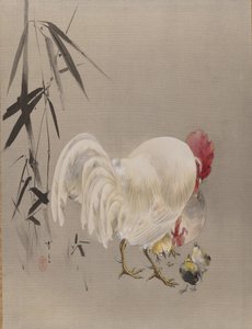 Tupp och höna med kycklingar, ca. 1887. av Watanabe Seitei