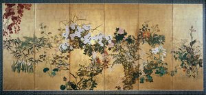 Skärm med höst- och vinterblommor, tidigt 1700-tal