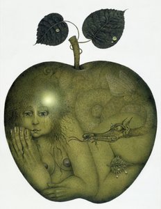 Apple and Eve and Serpent (blyerts och färgkrita på papper) av Wayne Anderson