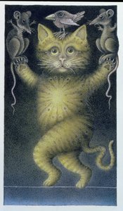 Cat on a Tightrope, balancing with Bird and Mice (blyerts och färgkrita på papper)