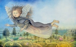 Flying Fairy Over Landscape (blyerts och färgkrita på papper) av Wayne Anderson