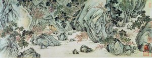 Resan till "de odödligas land" detalj av "The Peach Blossom Spring" från en dikt med titeln "Tao Yuan Bi Jing" av Wang Wei
