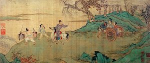Studenten Chang tar farväl av sin älskare Ying Ying på vilopaviljongen, detalj av en illustration av "Xi Xiang Ji"