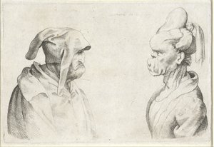 Deformerade huvuden på en man med en disketthatt och en kvinna med bundet hår Varie figurae et probae (serietitel) Karikatyrer, huvuden och missbildningar efter Leonardo da Vinci (serietitel) av Wenceslaus Hollar (attributed to)